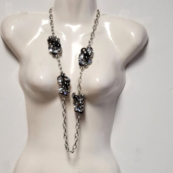 Statement Necklace Silver Tone Crystal Buttons Beads Charms Clusters Necklace - Picture 4 of 11